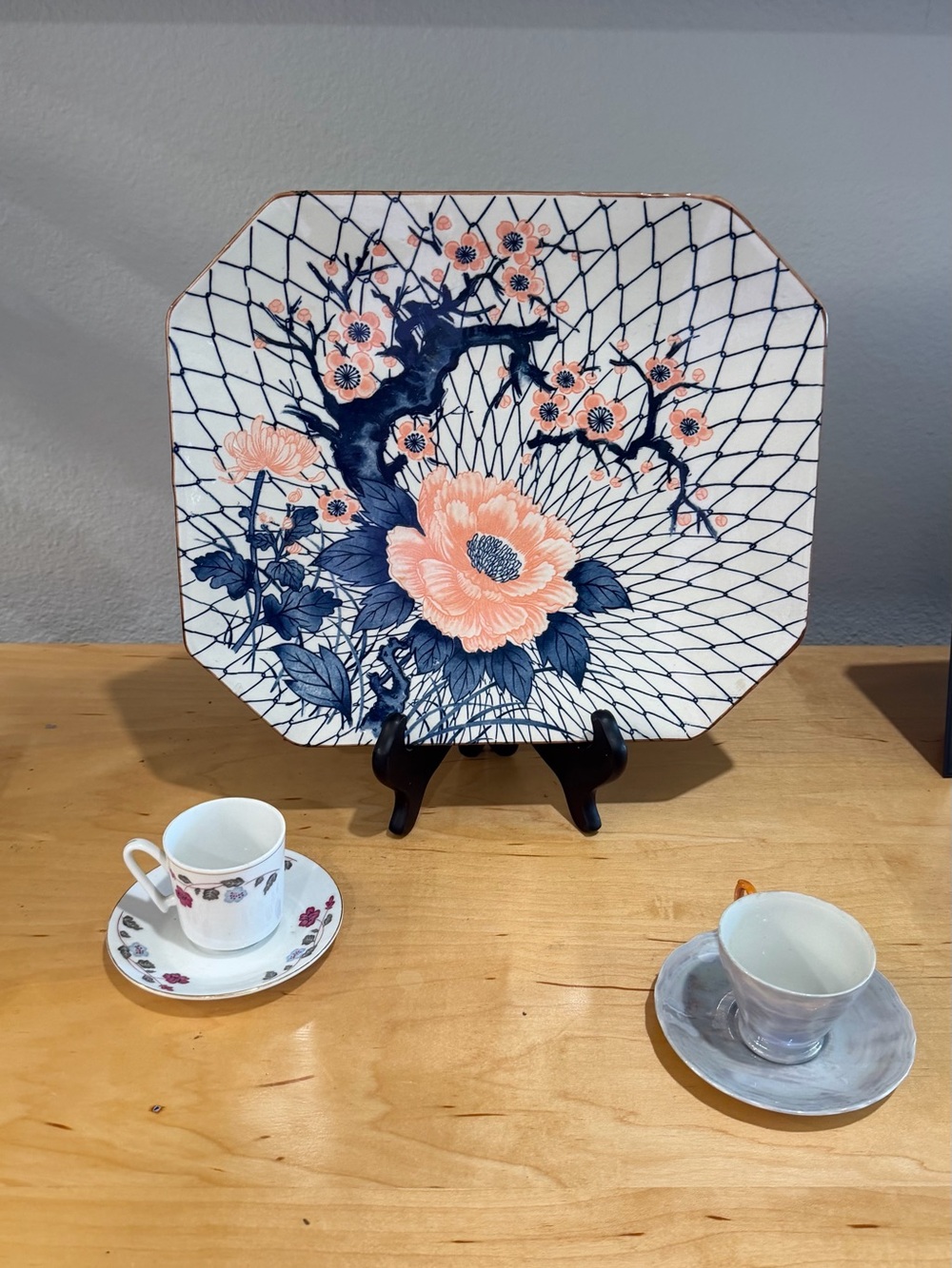 Vintage Japanese Porcelain Wall Decor Plate Peach Blossom Blue Floral Octagon 13
